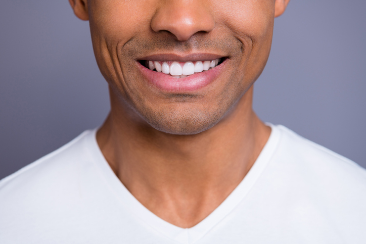 Close Up Cropped Portrait Of Nice Handsome Attractive Cheerful Cheery Well Groomed Guy Wearing White Shirt Beaming Shine Teeth Isolated Over Gray Violet Purple Pastel Background